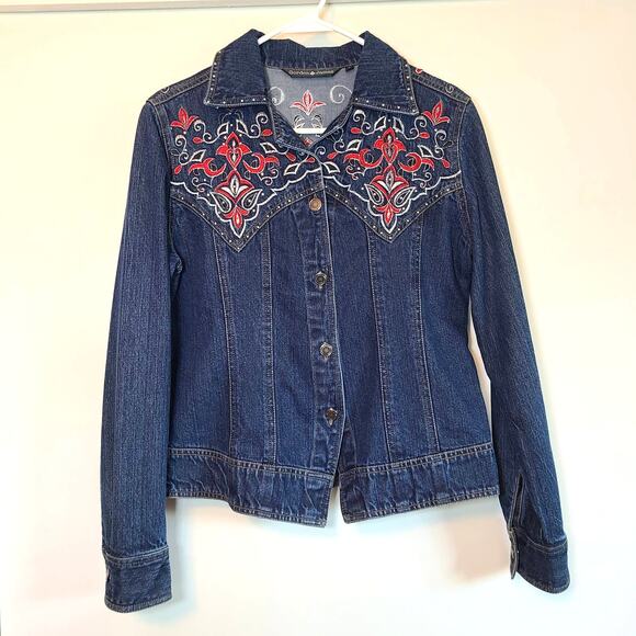 Gordon James Womens Embroidered Denim Jean Jacket Studded Boho Floral Sz S - Picture 1 of 9